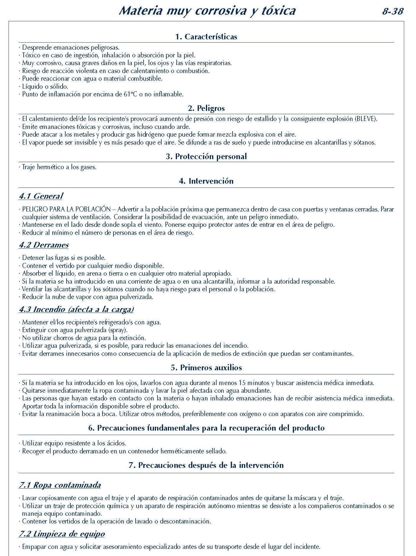 338 FICHA 8-38 MATERIA MUY CORROSIVA TOXICA FICHAS EMERGENCIA